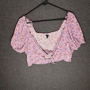 Womens Crop Top Floral Tie Front Smocked Puff Sleeve boho‎ resort vaca coquette